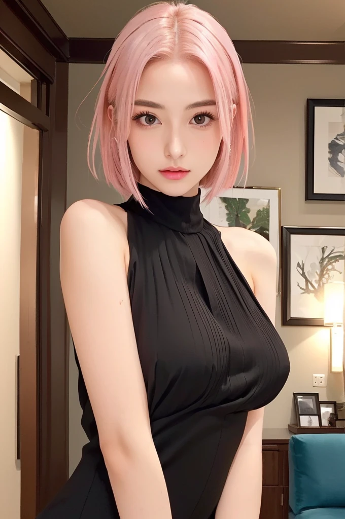 masterpiece, best quality:1.1), (8k, raw photo, photo realistic:1.2, f22), (shiny skin), detailed skin,Medium Bob,pink hair,detailed face, detailed eyes,smile,BREAK, real world, intricate details, smil, BREAK, 1girl, full body,(black,dress),BREAK, (piano:1.4),