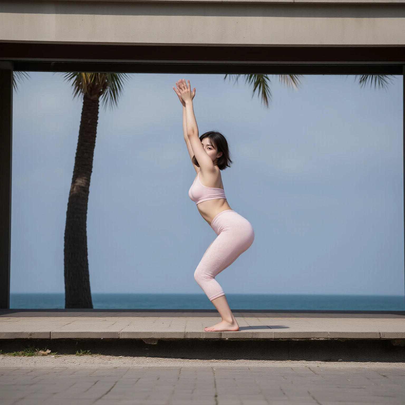 Cena ao ar livre: An image of a beautiful garden or a park with an open area for yoga. The girl might be doing
A Tree Pose, conectada com a natureza ao seu redor.