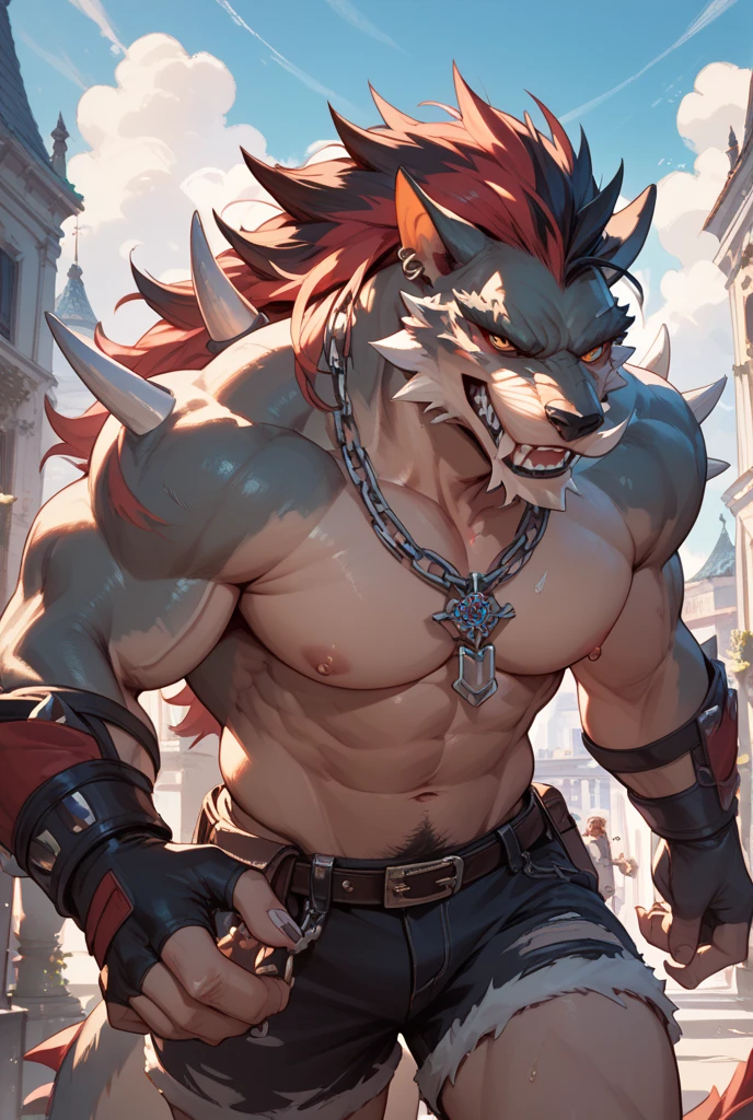 solo, breath (ultra detailed), a beautiful and detailed full size portrait of a male anthro batzz, demon lord dragon batzz, dragon tail, green eyes, detailed eyes, black body, black skin, long hair, red hair, horns, scar, tail, bedroom eyes, detailed eyes, big body, sexy body, (wide body). goddess, kenket, Ross Tran,ruan jia, trending on artstation,foxovh, cenematic lighting, buff, big pecs, vip, muscular anthro, spike arms, strong legs, looking at viewer, ((big pecs, nipples, big pecs, black shirt, blue shorts, bulge))), day, wet, front view, standing, arms behnd head, open mouth, blush, smile, ruins, interior, raining,
