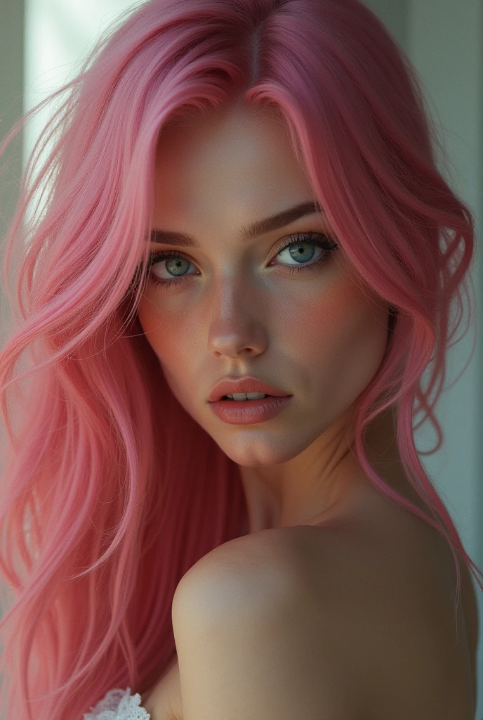 Pink long-haired woman with blue eyes with orange
