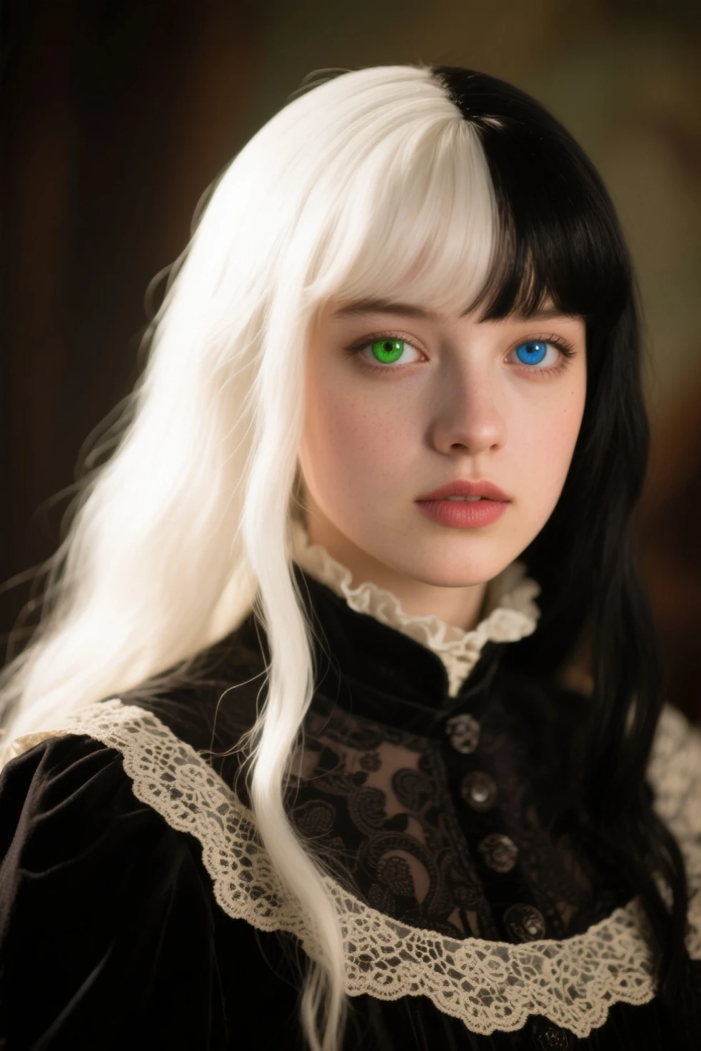 A girl, sitting next to a water fountain, looking at her reflection, she has big green eyes and porcelain skin so clear it was almost translucent, long silver-colored hair, she wears a black dress from the year 1500, a black veil on her head covered her face,has a melancholy expression.