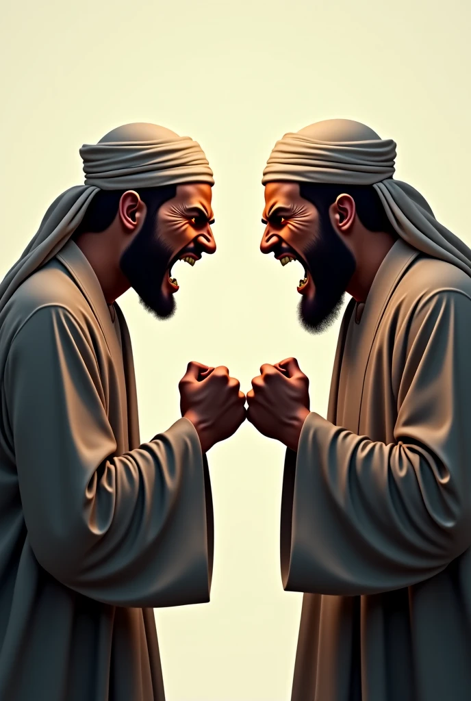 outline picture close up of two pilgrims performing the ritual of shaving their hair. One of them holding a shaver and looking in front and shaving on other head. Background safwa hill and pillgrims. Outline image