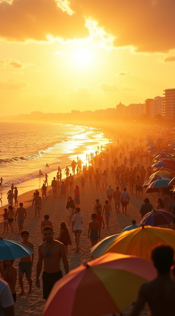 (Rio de Janeiro),(best view, best sunset),(beach scenery, beach rock in foreground, beach chair, umbrellas, palm trees), (surfing girls in bikinis),(relaxing girls in the shore watching the sea),(carnival time, carnival colors in background), (best sunset ever, golden light, volume rays)