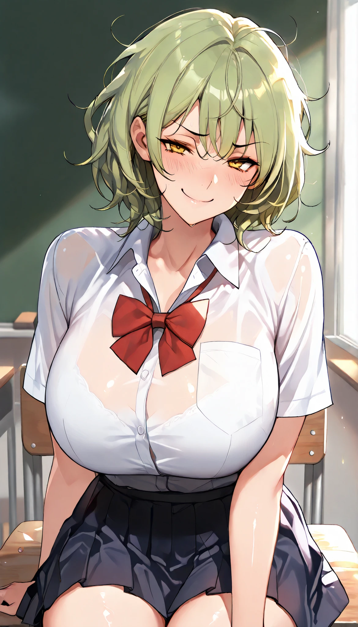 SOLO,Modern Backgrounds,A female with slim body(older girl),yellow eyes,huge oppai,shiny skin,(Wearing A loose JK skirt),(Loose school uniform)(See-through),Sitting in Classroom,Arrogant sitting position,(Green hair,Short hair,Messy Hair),(Smug),slightly tilted forward,UHD, SOLO, anatomically correct, masterpiece, textured skin, high details, highres, 1080P, 16k, accurate, Beautiful face, Beautiful Nose, Perfect face, Highly detailed beautiful face and eyes, Attractive face, Detailed face, Delicate facial features, Detailed skin,Cowboy shot