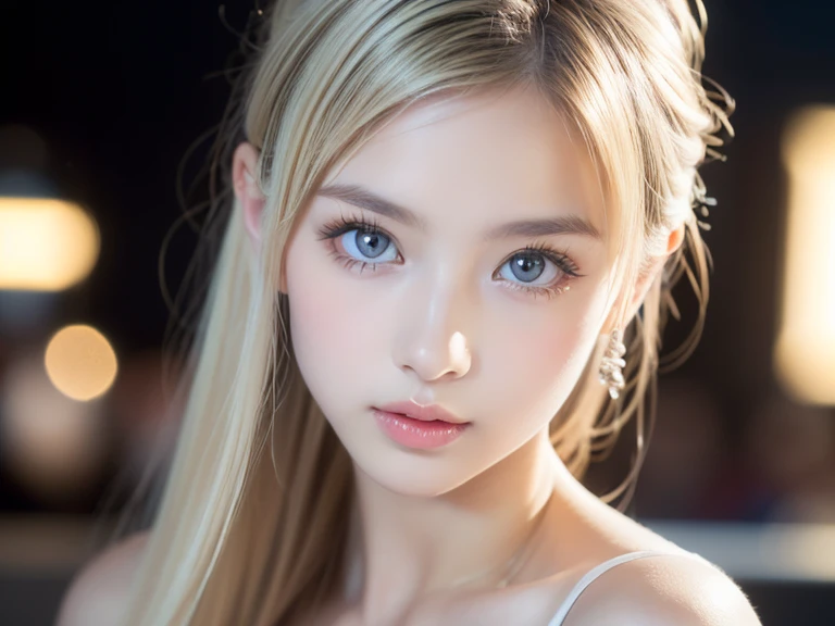 RAW photos, ((((Portrait of extreme beauty))), (((Radiant white beautiful skin)), 1 girl, 1 pretty beautiful girl, ((blonde of bright various colors with glossy)), disheveled hair, hair hanging in front of the face and clinging, [Attractive whitish blue eyes], silky fine hair, ponytail, eyeliner, bangs, hair between the eyes, fluttering hair, a little smile, ((masterpiece, top quality, Ultra detail, film light, complex detail, high resolution, 8k, very detail)), detailed background, 8k uhd, dslr, soft light, high quality, film grain, fujifilm XT3, shallow depth of field, natural light, (perfect hands), sexy and perfect beautiful face, Earrings, small and perky breasts, High Value Cross Beautiful Back Underwear Women, Small Breasts, Push Up Sexy Breasts, Adjustable Bra Set Without Steel Ring