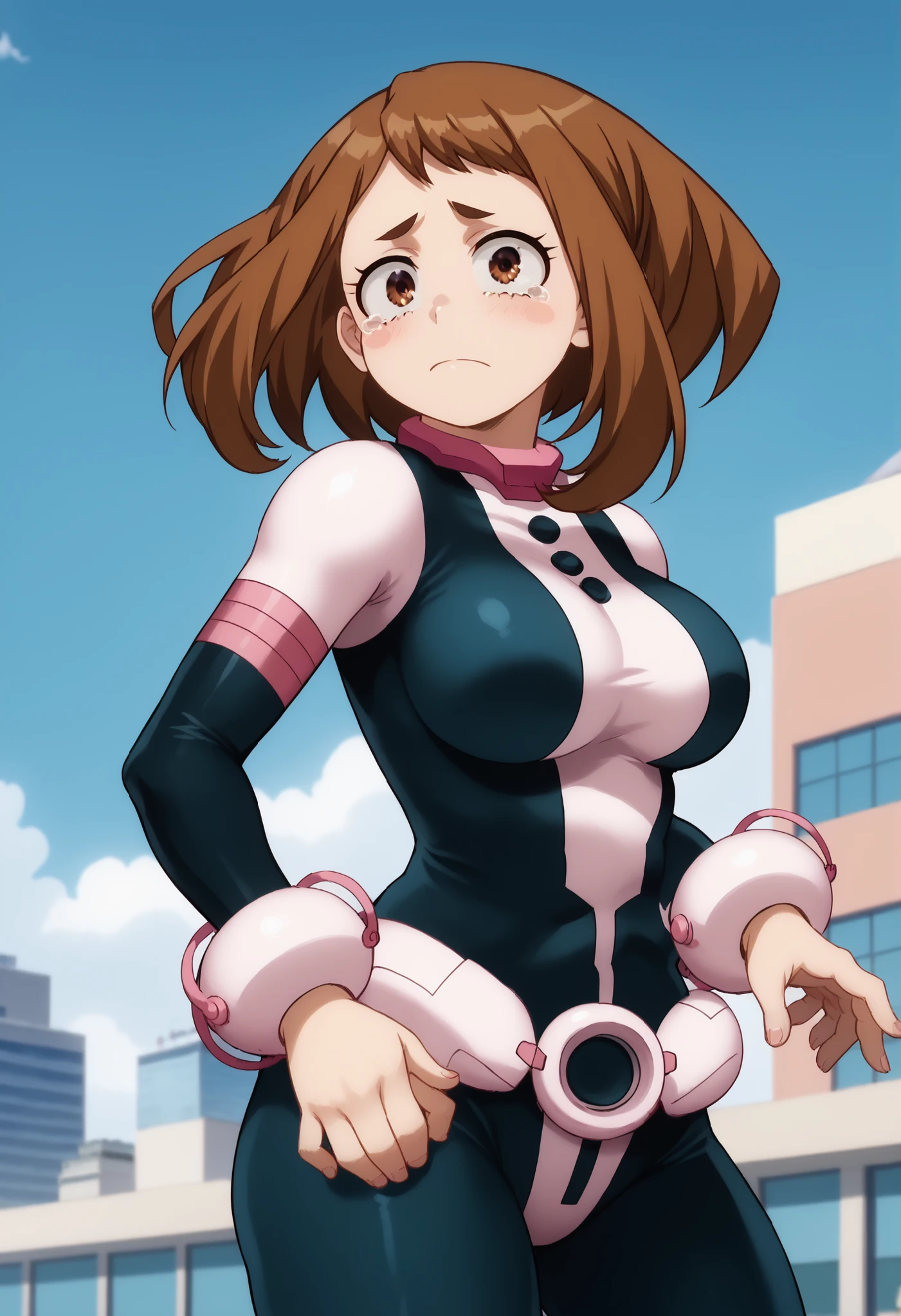 official style,anime screencap, uraraka ochako, 1girl, brown hair, brown eyes, solo, superhero, hero bodysuit, pink belt, pink wrist guards, closed mouth, contrapposto, extra large breasts, (F75), looking at viewer, Sexy style, Sexy pose, seductive look, Standing on the roof of a skyscraper, Sunny day, Tears her suit with her hands at the level of her breasts, Looks shy, Red cheeks with embarrassment,