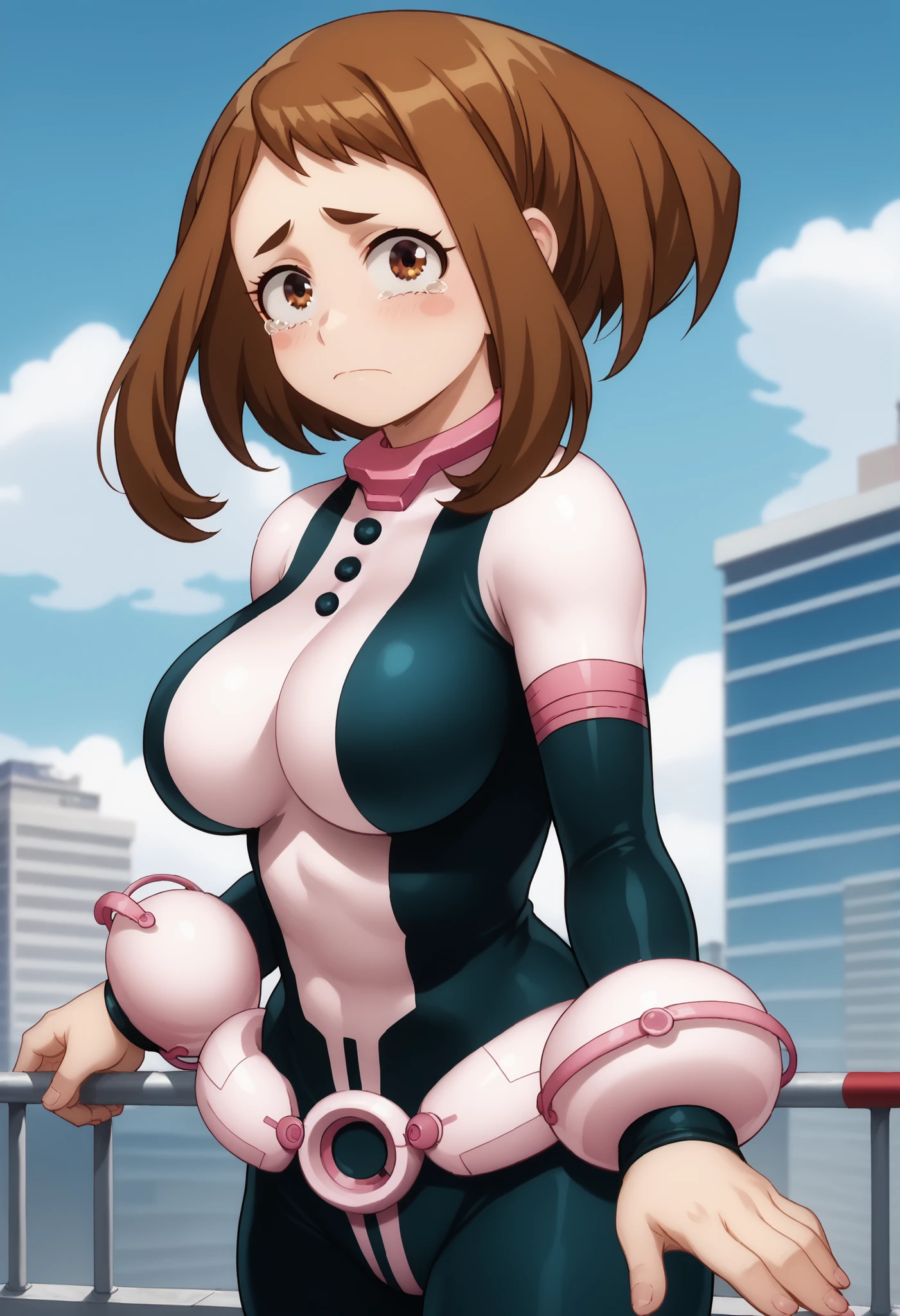 official style,anime screencap, uraraka ochako, 1girl, brown hair, brown eyes, solo, superhero, hero bodysuit, pink belt, pink wrist guards, closed mouth, contrapposto, extra large breasts, (F75), looking at viewer, Sexy style, Sexy pose, seductive look, Standing on the roof of a skyscraper, Sunny day, Tears her suit with her hands at the level of her breasts, Looks shy, Red cheeks with embarrassment,