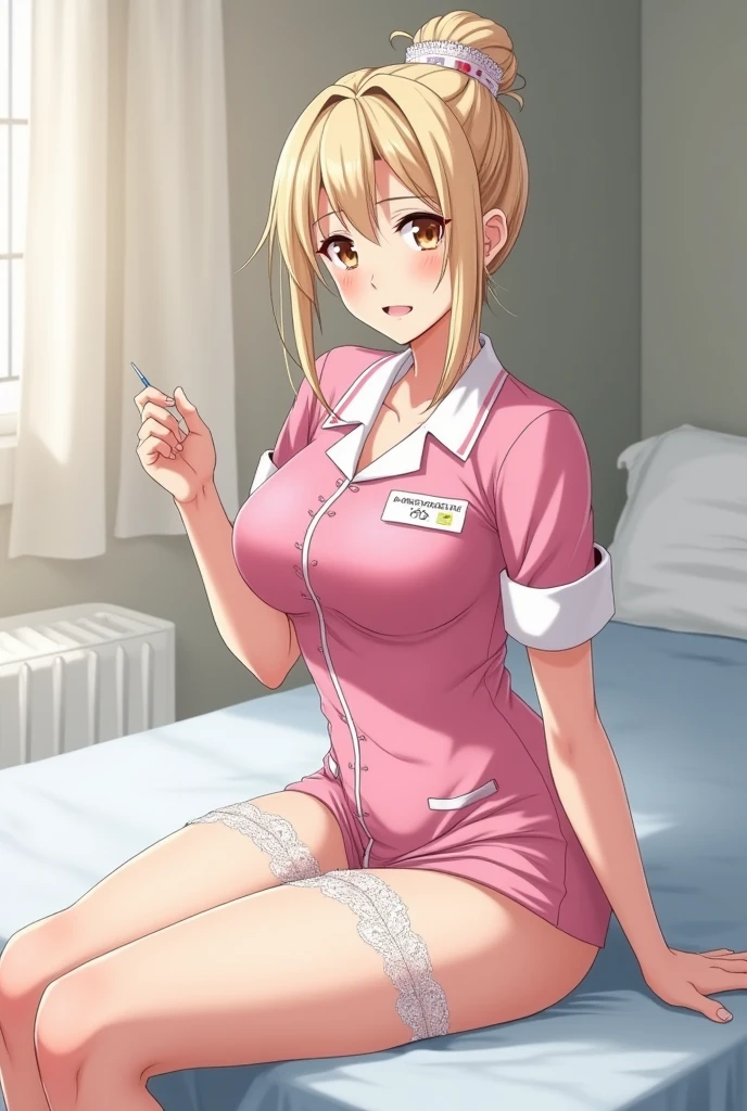 masterpiece, absurdres, best quality, ultra detailed, high Resolution, detailed illustration, bright colour, (extremely beautiful detailed face and eyes, Delicate beautiful face, 1 girl, 18yo, cute face:1.3), (magenta eyes:1.1), sparkling eyes, big eyes, (medium :1.3), (perky breasts(pointy breasts:1.1), hips, glamorous body, white skin, BREAK, (blonde hair:0.8), messy hair, detailed hair, shiny hair, BREAK (nurse), perfect lighting, (ecstasy, vulgarity:1.barrassed:1.3), (Sweaty:1.1), (cum:1.3), (Hospital, examinan, Spread legs), (Extra thick Dild1.5), On all fours,