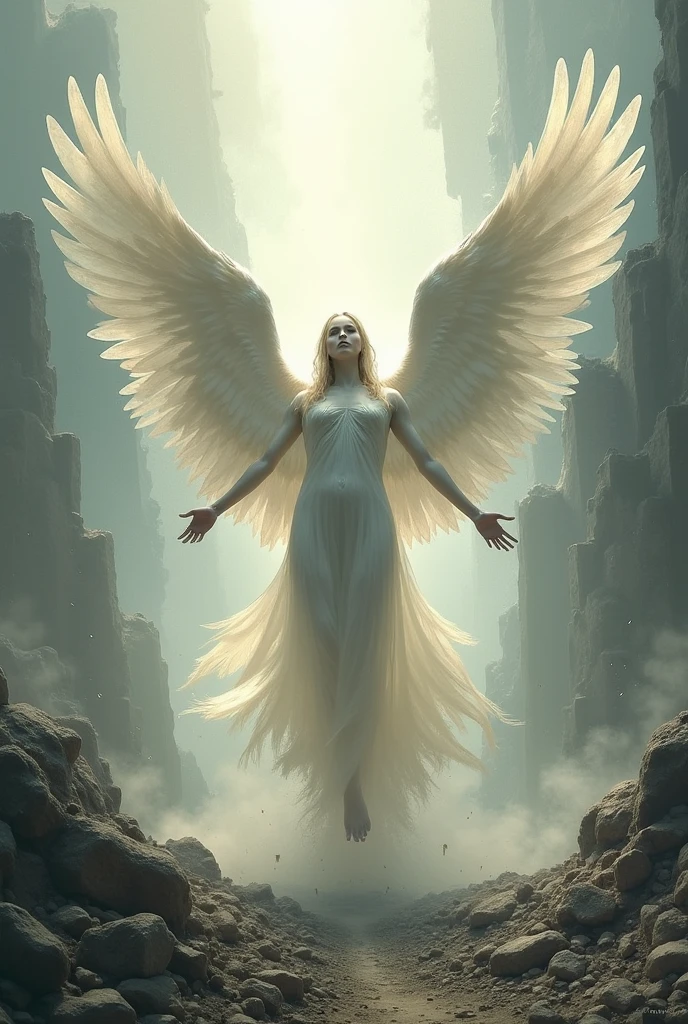 digital art featuring a surreal, otherworldly landscape. The layout is centered around a large winged angel of an angelic figure with detailed, feathered wings spread wide. The figure stands on a rocky path leading to an ancient temple-like structure with tall columns, lit from below. The background shows a huge cratered moon or planet, adding to the ethereal atmosphere. The scene takes place in a starry night sky, with rugged rock formations on both sides, creating a dramatic and mystical environment.4K, anatomically correct, masterpiece, high details, award winning, high quality, super detail, best quality, 8k