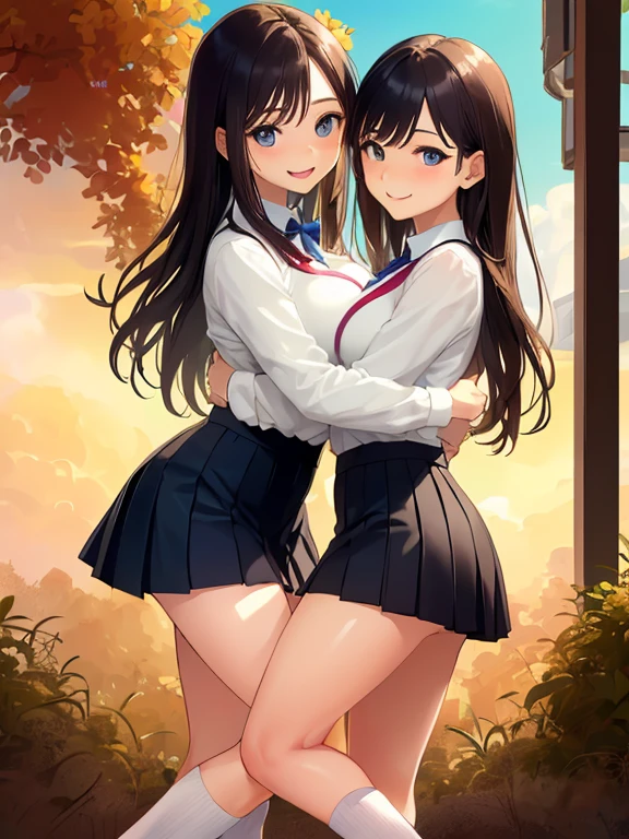 masterpiece, (realistic, photo realistic:1.2), ((highest quality), extremely fine and beautiful, beautiful face details, real human skin, realistic, photorealistic, 1girls、smile on face, 2girls, cow-boy shot、School uniforms, shirt with collar, necktie, Red skirt、huge long breasts, tiny breasts emphasis、Naughty thighs、H-cup、solo、Burst breasts、White shirt、White underwear、(wind、wind lift、Skirt lifted by the wind、Skirt rolled up by the wind、Skirt flutters:1.5)、(Fully exposed panties:1.5)、(white ribbed panties:1.5)、(standing a:1.7),