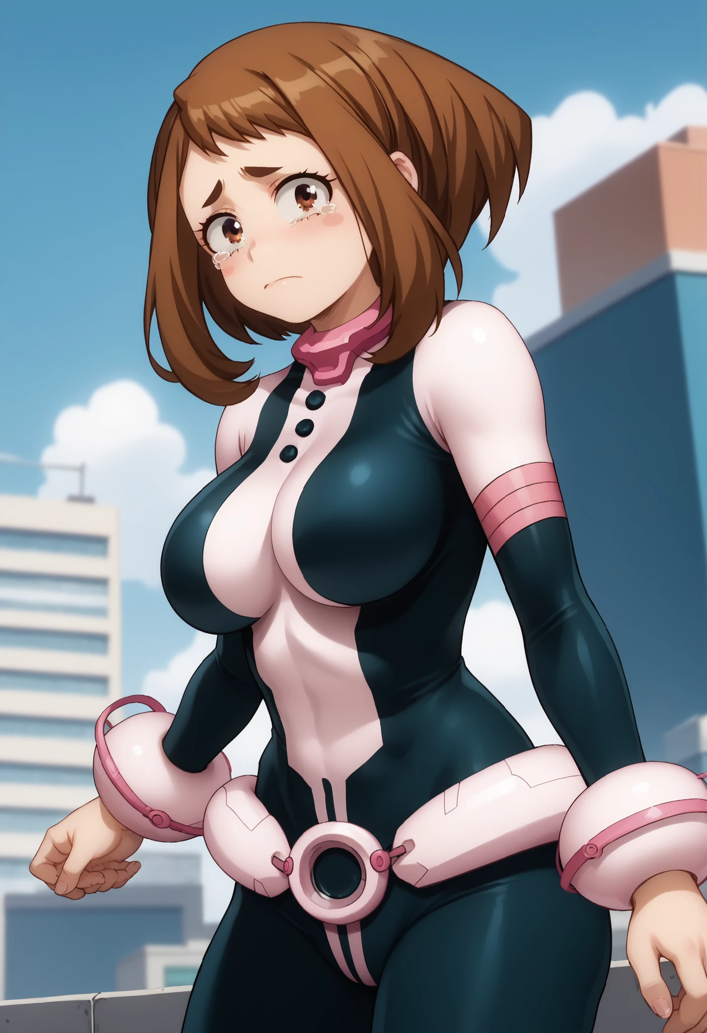 official style,anime screencap, uraraka ochako, 1girl, brown hair, brown eyes, solo, superhero, hero bodysuit, pink belt, pink wrist guards, closed mouth, contrapposto, extra large breasts, (F75), looking at viewer, Sexy style, Sexy pose, seductive look, Standing on the roof of a skyscraper, Sunny day, Tears her suit with her hands at the level of her breasts, Looks shy, Red cheeks with embarrassment,