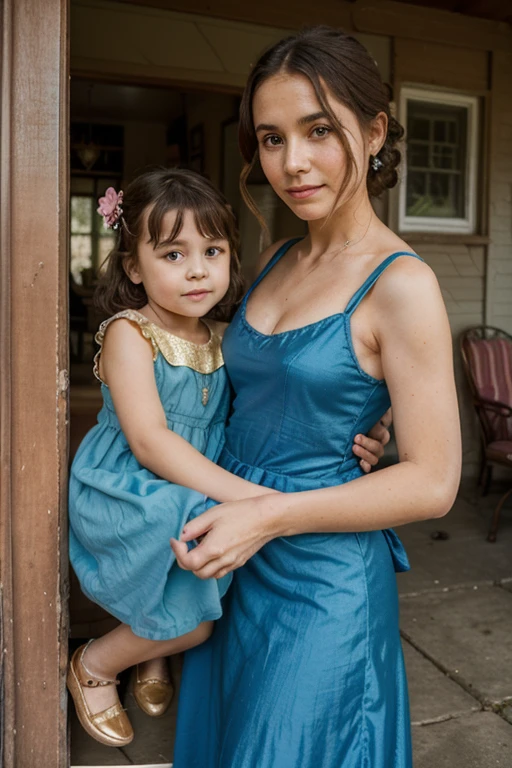 "A red-haired woman of approximately 30 years old, with long wavy hair and green eyes, wearing an elegant light blue dress with lace details, is holding a dark-skinned baby in her left arm. The woman smiles affectionately at the , who is approximately 6 months old, with olive skin, brown hair and large, curious brown eyes. They are in a natural setting, with soft sunlight filtering through the trees in the background. The image should be ultra realistic, with sharp details and vibrant colors, in. 4K resolution."