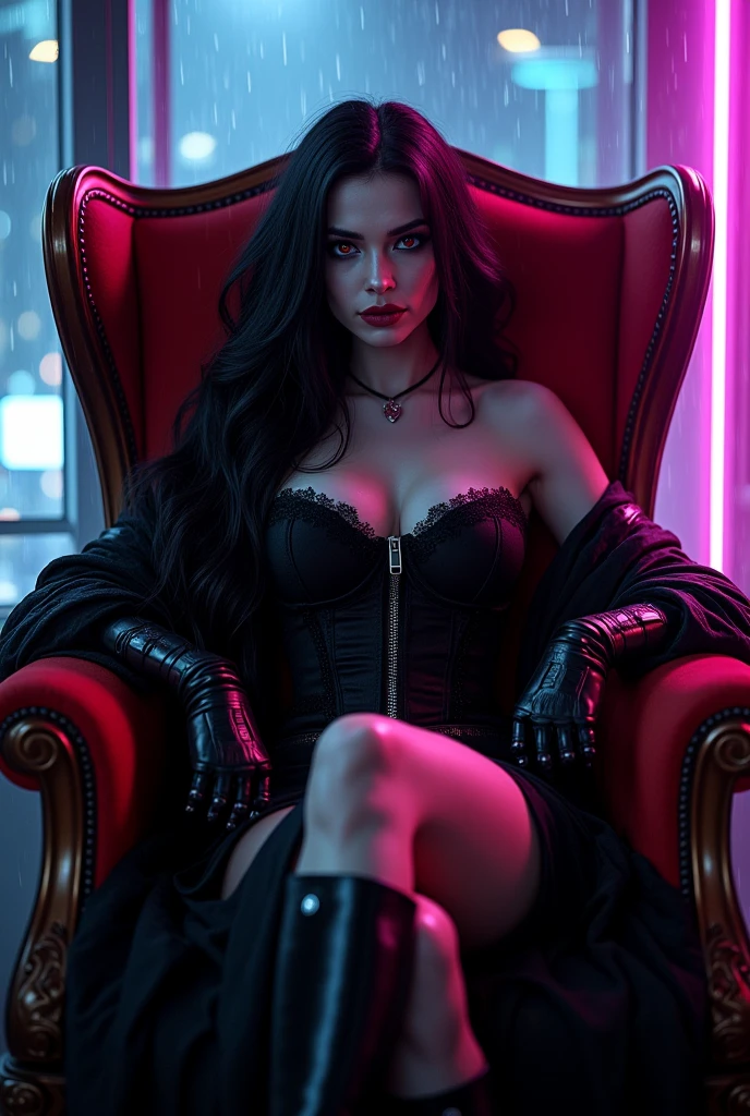 A tall, thick, and sexy 1 girl, with black hair, teal blue eyes, and pale and white skin. Wearing shiny frilly black Gothic clothes. Smoking a cigarette and sitting on a sofa with her legs crossed. Red plump lips. Long lashes, long boots. Corset. Two legs, two arms. Close to the camera. Bottom angle. Wearing gothic pantyhose tights. ((Smirking maliciously)) ((the camera is under her boot)) (Smirking maliciously and mischievously while looking down.) ((pink and purple shading))