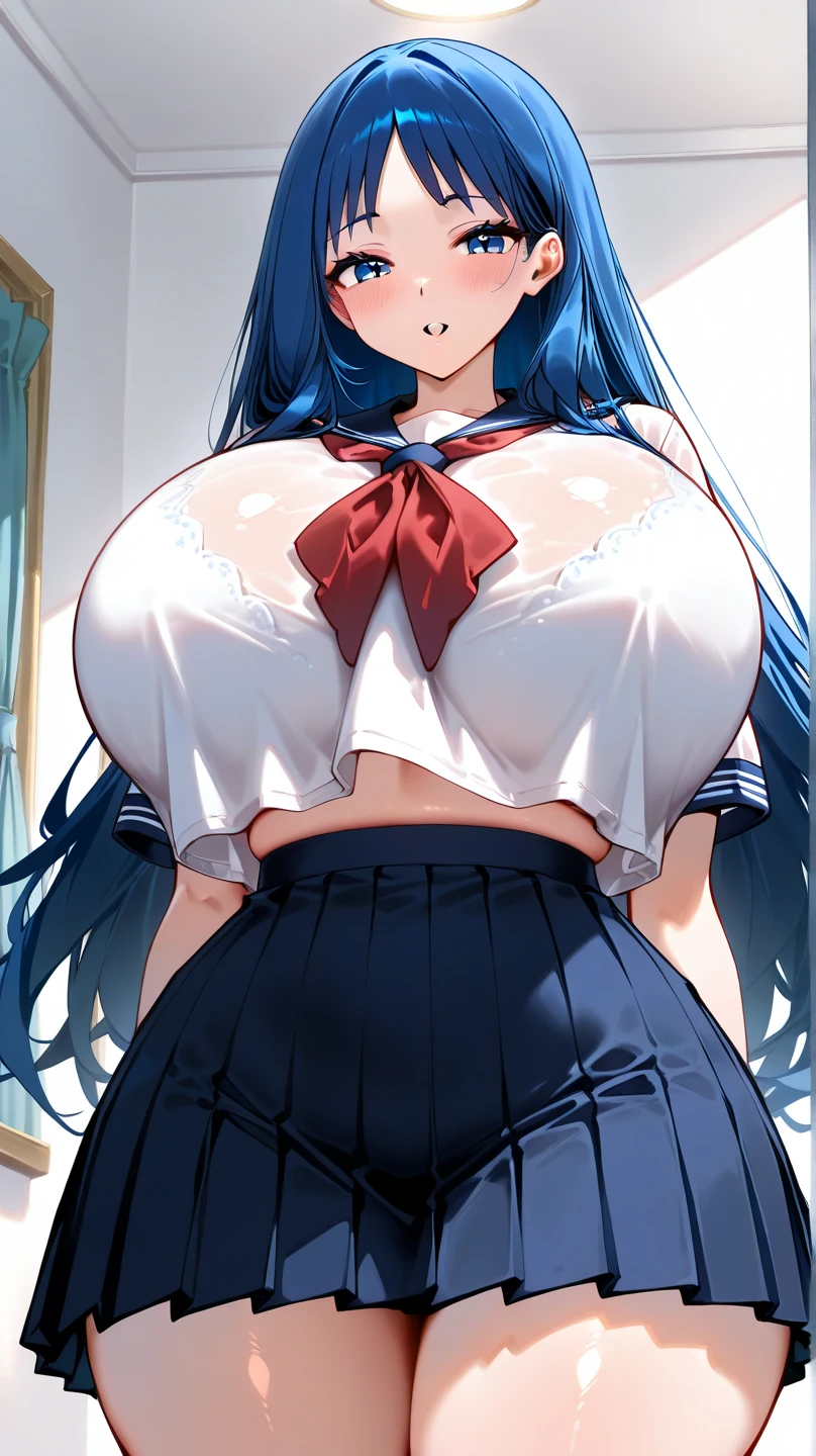 Maken Ki, Nijou, 1girl, (((bimbo))), long blue hair, purple eyes, puffy lips, painted lips, thick lips,t wide hips, thick thighs, enormous huge natural breast, huge ass, erotic, pleasure face, blushing, bubble butt, camel toe, mature woman, school uniform cleavage, breasts squeezed together