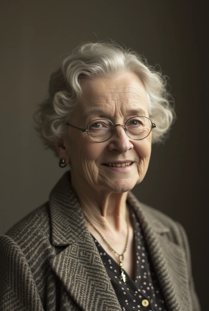 An old woman in a plain shirt and brown sweater use eyeglasses , corpulant, Angry,hating, and Annoyed faces
