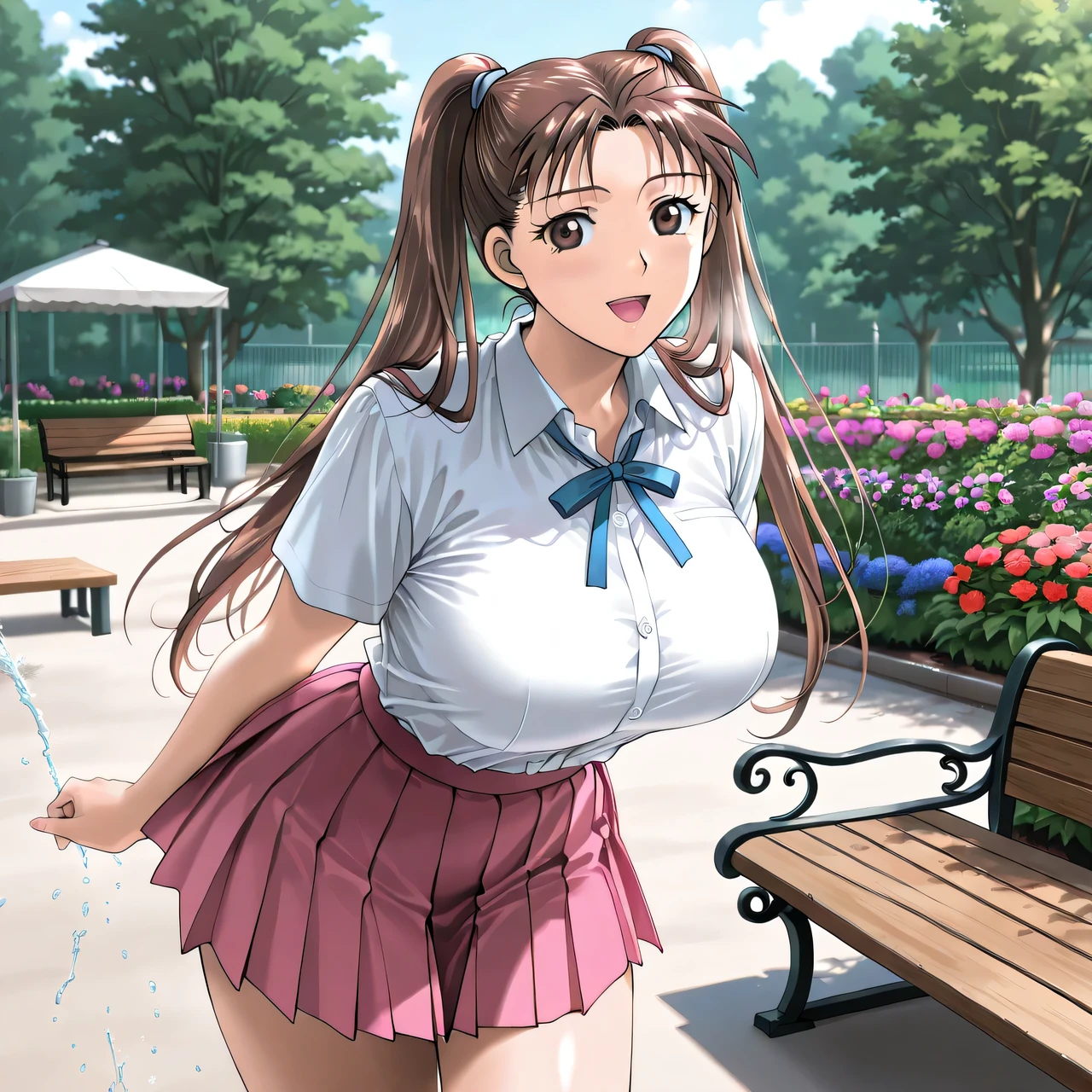 masterpiece, newest, lively, very aesthetic, high contrast, mature woman,((KanouRyouko, twintails, brown hair, long hair, brown eyes)),((school uniform,white shirt,blue ribbon,pink pleated skirt)), ((Big Breasts:1.4)), (smile,open mouth),((garden,Outdoors, bench,squirt,Detailed Background)),Highest Quality, semi-realistic, cowboy shot,Fullmetal Alchemist anime style, ((Look viewers)), clips dialog