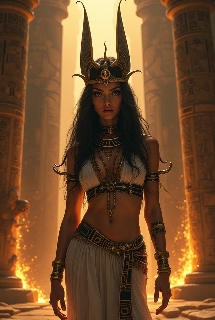 Fernanda Lima as the mummy of the horror movie, vestida com varias faixas egipicias, divine egyptian garments, Egyptian queen's outfit, tatuagens egipicias no rosto, neck and arms, imagem macabra, imagem monstruosa em uma tumba do antigo egito, She's turned into a monster and her eyes are just like the mummy in the horror movie, iris dos olhos dourada com simbolos egipicios, Egyptian tattoos around the body and mummy bands cover the entire body, realista, 8k