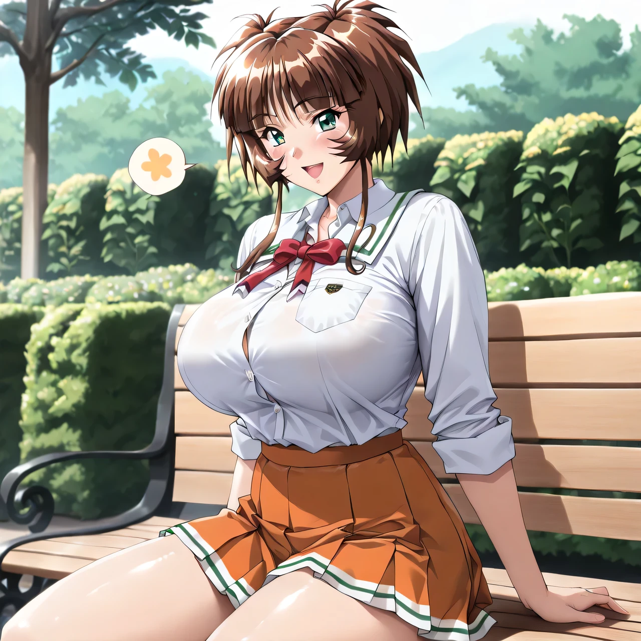 masterpiece, newest, lively, very aesthetic, high contrast, mature woman,solo.((Ichimonji_Akane(Tokimeki_Memorial2),1girl, solo, brown hair, green eyes, short hair, huge breasts, bangs, shiny hair, sidelocks)),((school uniform,white shirt,Red Ribbon,orange pleated skirt)), (smile,open mouth),((garden,Outdoors, bench,squirt,Detailed Background)),Highest Quality, semi-realistic, Fullmetal Alchemist anime style, ((Look viewers)), clips dialog