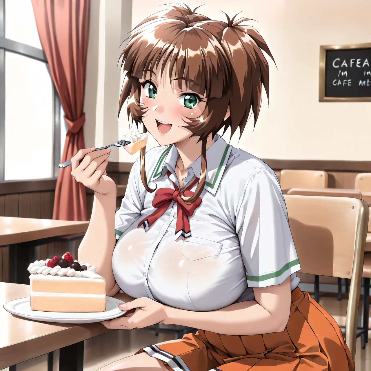 masterpiece, newest, lively, very aesthetic, high contrast, mature woman,solo.((Ichimonji_Akane(Tokimeki_Memorial2),1girl, solo, brown hair, green eyes, short hair, huge breasts, bangs, shiny hair, sidelocks)),((school uniform,white shirt,Red Ribbon,orange pleated skirt)), (smile,open mouth),((cafe,indoor,I'm sitting on a chair and eating cake,Detailed Background)),Highest Quality, semi-realistic, Fullmetal Alchemist anime style, ((Look viewers)),