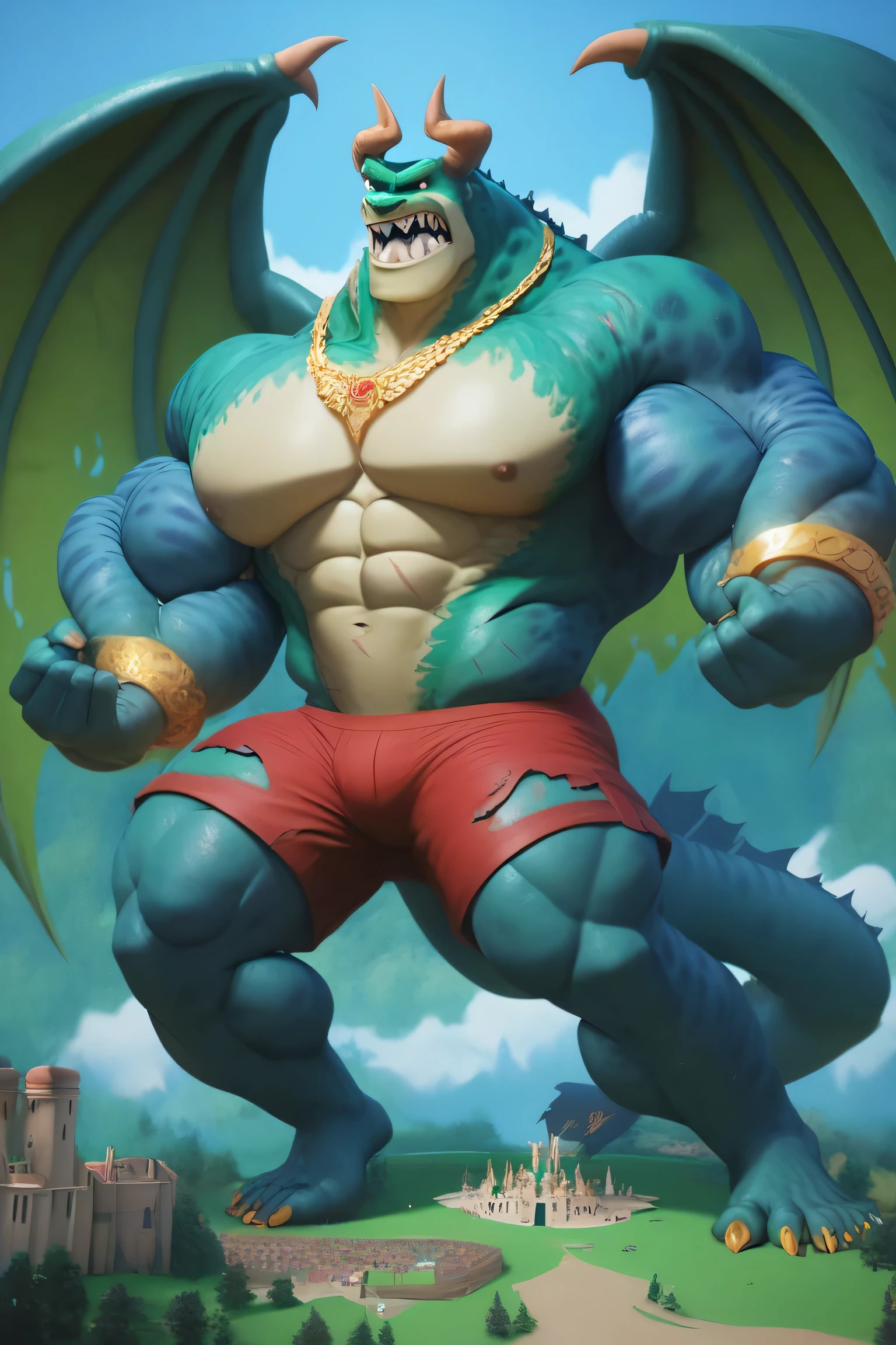 A big bad green radioactive giant evil strong muscular evil weredragon monster attacking a castle, green scale skin, golden pectorals, golden abs, sharp teeth, sharp claws, scars on the body and his eyes, angry expression, angry green eyebrows, 2 big dark green horns, 2 giant biggest wings, gigantic chin, yellow eyes, wearing ripped red shorts, golden bracelets, golden necklaces, veins, ginomous biceps, enormous pectorals, stomping pose, blue sky background, destroy castle background, forest background, trees, grass, giant size, macro size, 50-foot size, full body, long legs, big feets, long tail.
