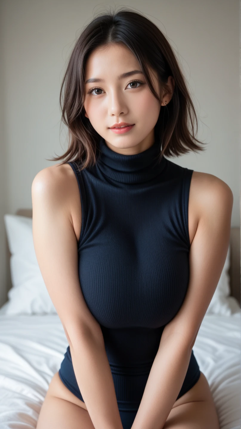 You are a professional photographer。future、Beautiful Eyes、 ((Highest quality)), Clear contours, Woman with beautiful face, (((One Girl,alone))), ((Beautiful Eyes)), Sex Appeal,Albedo and Specular Maps、Accurate simulation of lightweight material interactions、Wearing a turtleneck, Wearing leggings、Light Smile、perfect body,((Big Breasts))、Isoyama Sayaka,Thighs、Short Hair、