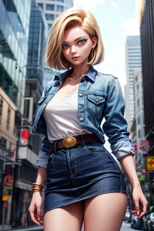 android 18, android 18, blonde hair, blue eyes, eyelash, hoop earrings, short hair, earrings, break belt, black legwear, black shirt, breast pocket, cleavage, clavicle, denim, denim skirt, high-waist skirt, jewelry, long sleeve, pocket, shirt, shirt tucked in, skirt, striped, striped sleeves, waistcoat,, break outdoors, city, null, cloud, sun, break looking at viewer, (cowboy shot:1.5), break (masterpiece:1.2), highest quality, High resolution, unity 8k wallpaper, (shape:0.8), (beautiful and detailed eyes:1.6), highly detailed face, perfect lighting, Very detailed CG, (perfect hands, perfect anatomy)