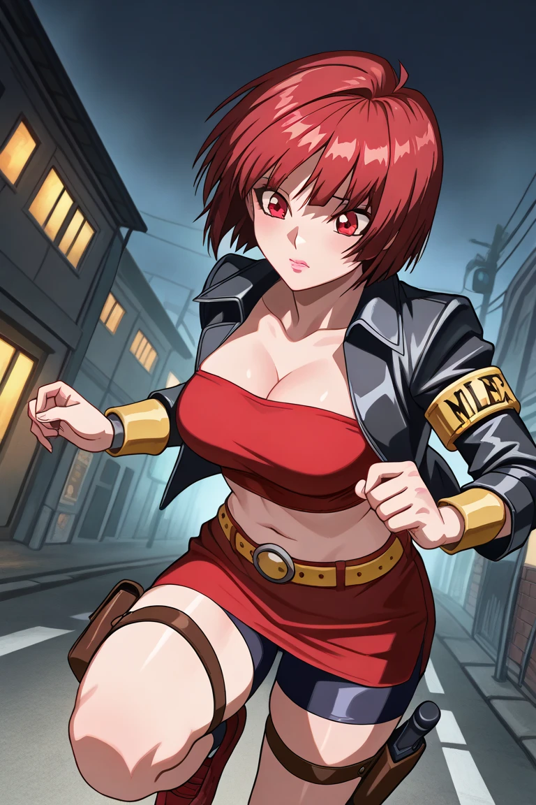 masterpiece, best quality, mature woman, mature face, trimmed hairstyle, red hair, mature face, hot face, sharp eyes, big breasts, voluptuous body, golden eyes, gangster outfit, looking at viewer, tough appearance, alley, (looking serious), lunatic face, (glaring eyes, piercing eyes), lunatic expression, (holding katana, pointing katana)