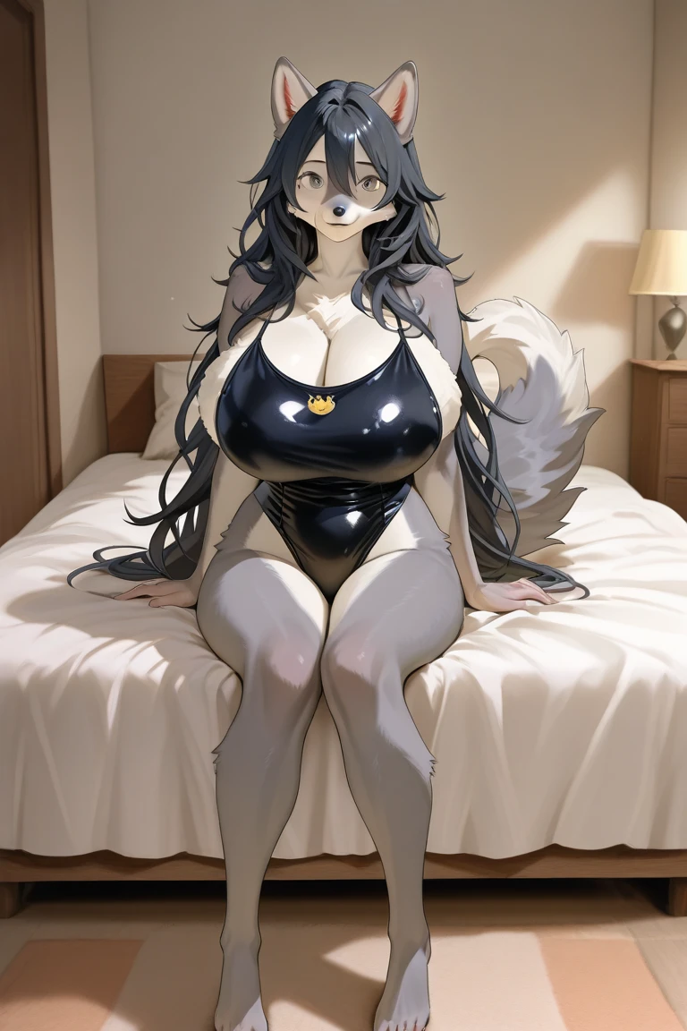 shark girl,furry,Cute Moe,big breasts,Good quality,Good resolution,Premium bedroom,in bed,Wear a black one-piece swimsuit.,nighttime,Good light and shadow details,shade, sexy pose,sexual face