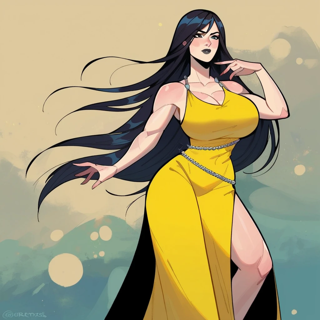 High Quality, high detail costume, Alone , better quality, a natural woman,pueblerina , mother and daughter, yellow dress,(black hair, long hair,) sexy clothes, black eyes, huge breasts,Diaccrete nursing, caderas anchas, thick thighs, Standing, single fund