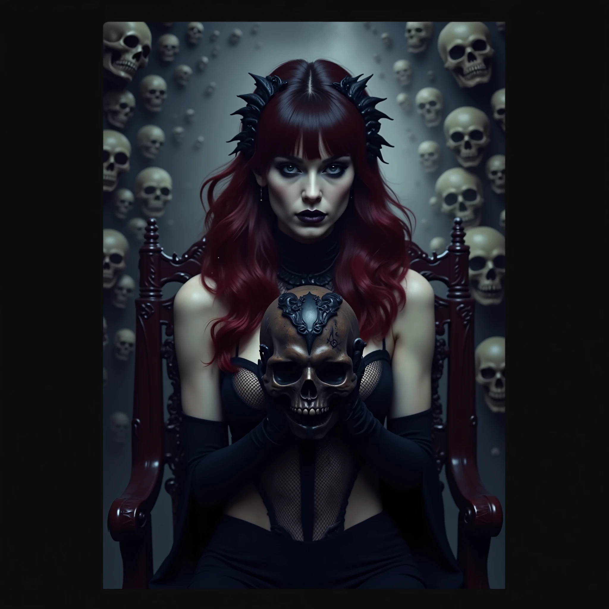 arafed woman in fishnets holding a skull in front of her face, gothic horror vibes, goth girl aesthetic, adorned with demon skulls, darkwave goth aesthetic, goth asthetics, pale goth beauty, goth aesthetic, gothic aesthetic, holding a skull, black metal aesthetics, pale skin and dark eyes, goddess of death, goth woman, wearing gothic accessories