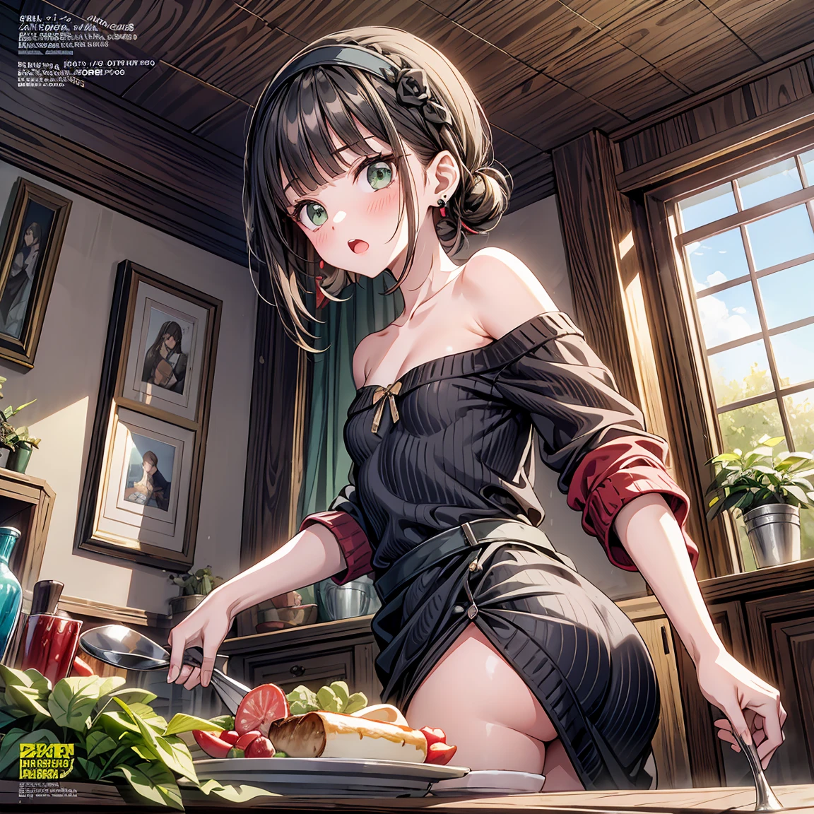 (small breasts:1.3), (perky chest:1.1), (pointed chest:1.0), (fashion magazine cover:1.3)，(from below:1.0),(from side:0.9),masterpiece, 1girl, Amazing Cleavage:1.1, thin waist, big ass, Raised sexy, small breast: 1.3, posed cleavage:1.2、solo, looking at viewer, open mouth, have a cute grass of cute beergrass,black hair, dark green eyes, dress, bare shoulders, jewelry, collarbone, sidelocks, hairband, earrings, indoors, off shoulder, :o, sweater, arms behind back, plant, short hair with long locks, gild hairband, off-shoulder dress, sweater dress, off-shoulder sweater, red sweater, dark gord hair, big side hair, very long side hair,is rendered in (masterpiece: 1.2, best quality), with (ultra high resolution) and an exquisite (depth of field). This masterpiece is not only visually stunning but also tells,A scene of cooking in the kitchen by classroom
