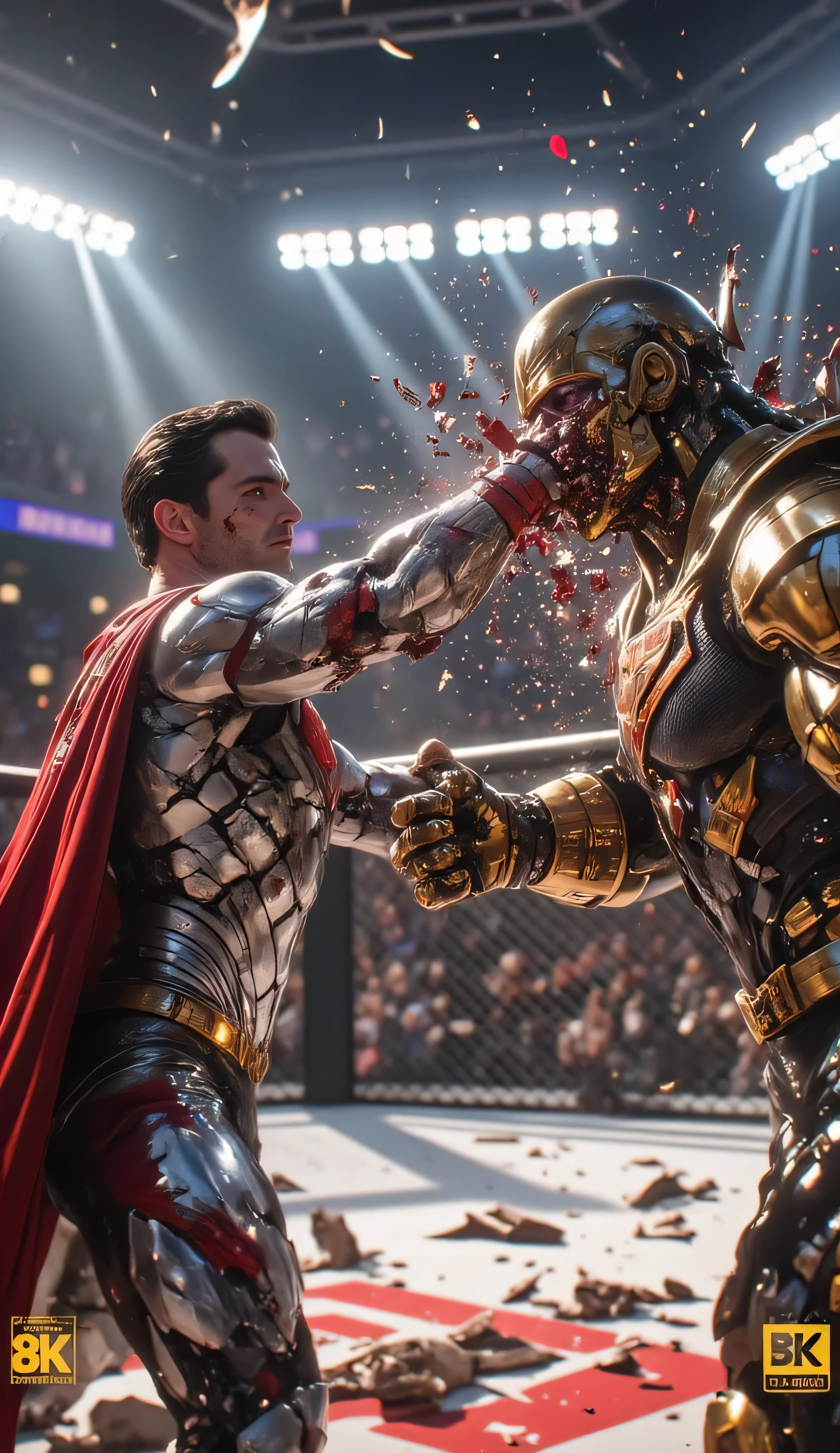 A breathtaking 8K ultra-realistic cinematic image capturing the explosive moment Superman, bloodied but unbreakable, smashes his armored fist into Thanos's face inside a devastated UFC-style arena.
Superman, clad in his gleaming but battered silver Kryptonian battle armor — deep cracks splintering across his chestplate, and his crimson cape shredded — launches a brutal punch. His red eyes glow furiously, veins standing out against his dust-smeared skin, as raw crimson energy ripples along his body.
Thanos, covered in his thick, golden battle armor, recoils violently from the blow. His helmet is fracturing under Superman's fist, with shards of gold and purple skin visible in the instant of impact. Blood and fragments of metal fly from the collision, frozen mid-air in razor-sharp cinematic clarity.
All around them, the UFC octagon is in ruins: the metal fencing bent and torn, the mat cracked and scorched. Stadium lights above flicker through swirling smoke and dust, casting sharp beams across the chaos. The energy of the crowd — unseen but felt — vibrates through the air, making the scene even more electric.
Every scratch, every crack on their armor, every tiny particle of debris is captured in stunning 8K detail — immortalizing the brutal intensity of Superman standing tall against the Mad Titan in a battlefield where only the strongest survive.