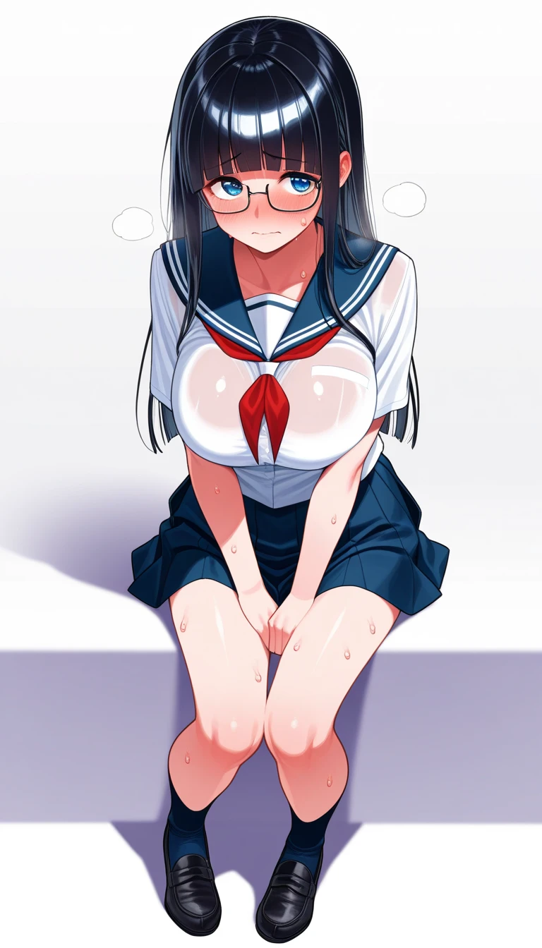 ((Highest quality)), ((masterpiece)), (detailed), Open your legs and show off your、Masturbation、Masturbationをしている女子中学生、Putting a finger in the vagina、Putting her finger in her pussy、(Focus on pussy)、One girl, sexy, (()), Japanese,Only slightly chubby figure、 naked、Small breasts、Hanging eyes、Almond-shaped eyes、Firm breasts、Budding breasts、Growing pubic hair、In the middle of puberty、Dripping love juice、Transparent love juice、(Sexual climax、orgasm、Cramp、Squirting、Ecstasy face、Ahegao)、Sticking out tongue、whole body、Junior high school classroom、Evening Light、evening、Sitting、Spread your legs、Sailor uniform half-unbuttoned、Grey panties hanging from her legs、A shifted grey bra、(12 year old breasts)、(12 year old)、(Black pussy)、(Realistic pussy)、Very huge and large areola、Pigtails、Black Hair、Brown areola、Embarrassed face、blush、