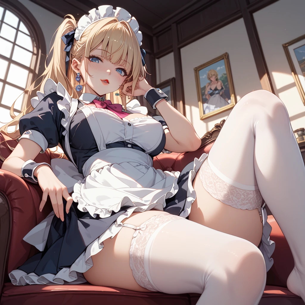 (footjob), Masterpiece、Highest quality、Highest quality, (long and thin legs, shoes:1.2), Arm behind wrist, squat、Spread your legs、1 girl, (smile、Open your mouth大笑い:1.2), Cute eyes, (Detailed face:1.3)、Open your mouth, The whole face turns red, alone, Oversized breasts, Big and ample breasts, (Straight bangs, Twin tails), White maid outfit、Side bust、Underbust、belly button、Walking through the mansion&#39;corridor、nsfw、shoes下