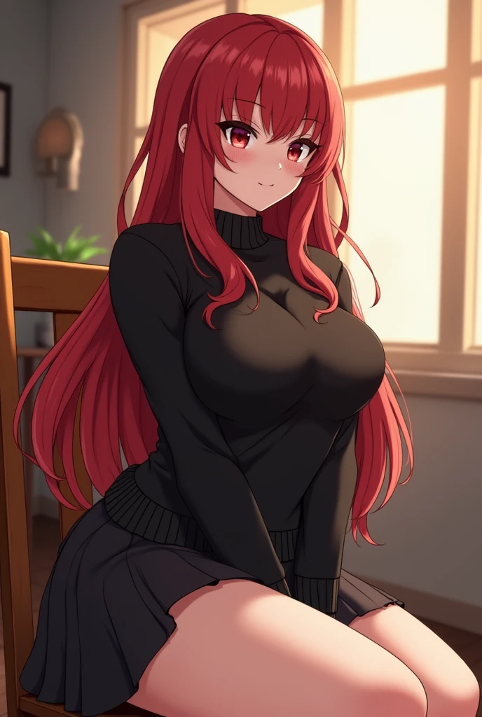 pink-hair red-hair,red-eyes,milf,Droopy eyes.chin mole、big-breast,35-year-old woman、milf、Red ruffled shirt、Black ruffled skirt、、long-hair,straight-hair,standing、red-lips-makeup,、whole body、Plump legs,独奏,Knitted clothing、black-pantyhose,standing,from-below-shot
