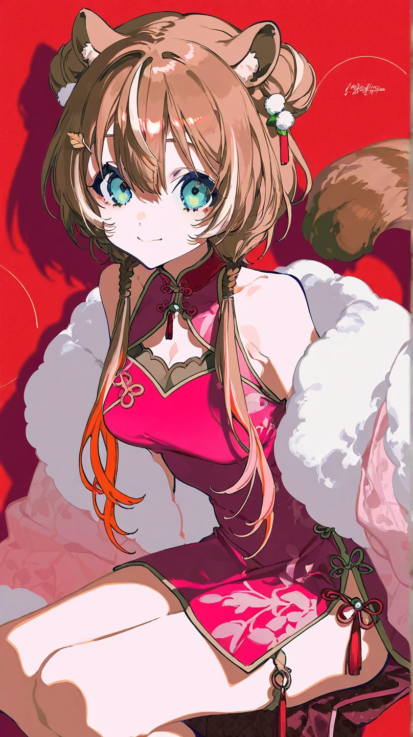 Brown and pink hair, brown eyes, older woman, long thick hair, hair ornaments, happy, cat ears, sexy uniform outfit, pink and green backgrounds, pose, abstract background, fantasy outfits