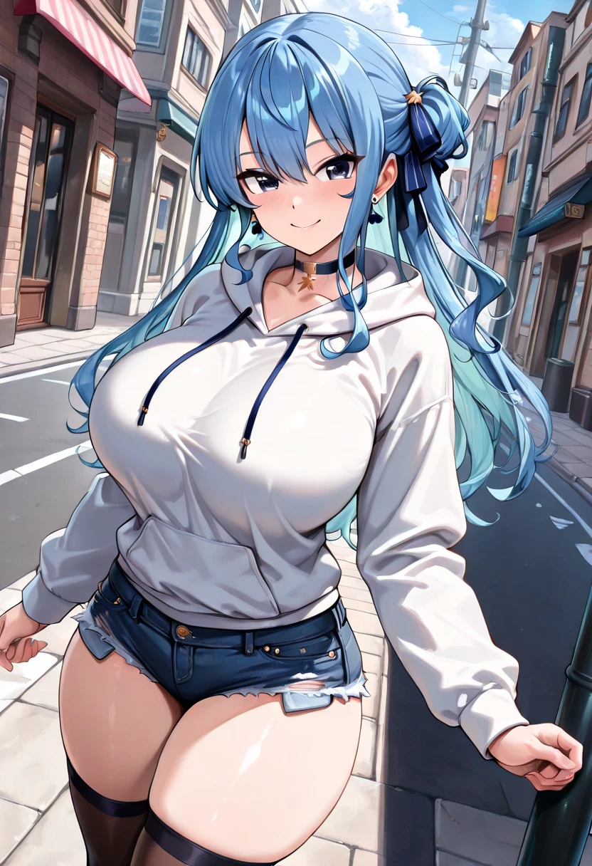 nsfw:1.5,Browsing Caution,'(masterpiece, Highest quality, Very detailed, 8k wallpaper, Realistic), 1 person, Curvaceous yet slender body, (Big Breasts:1.8、pointy breasts:1.8), Colorful printed micro bikini top, Fleece jacket, Shorts, Knee socks, Bangles, choker, Twin tails, Backpack, street, Street lamp, Late Night、animal ears