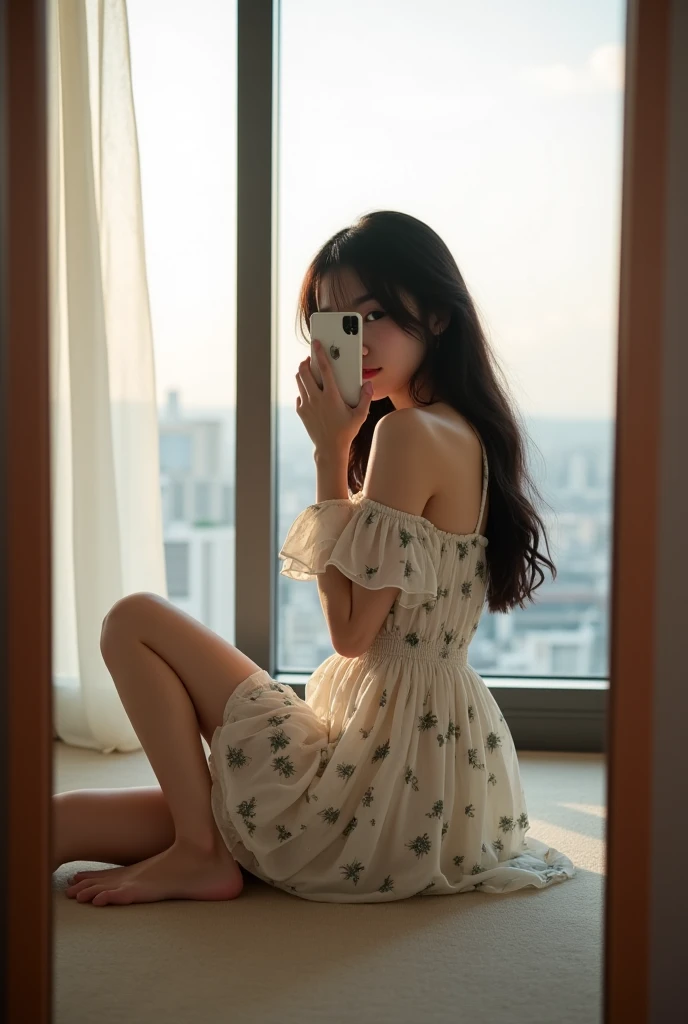 A brunette girl with black traight hair, Wearing a short spring dress With neckline, she takes a photo with your cell phone sitting on the floor in the big mirror in her room, face plane, taking a realistic photo, 8k, HD