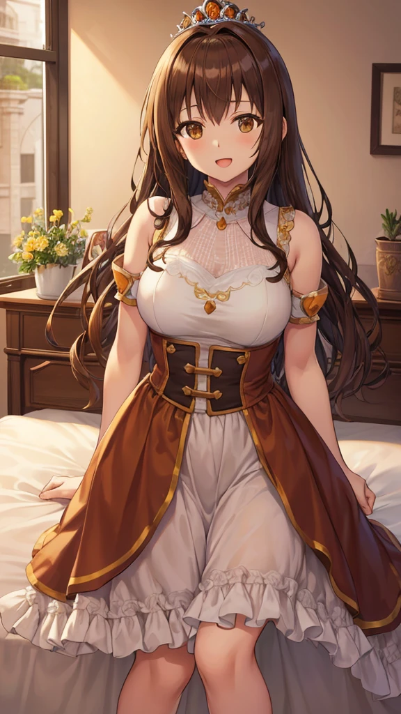 ((((Obra maestra, La mejor calidad, ultrahigh resolution)))), 1girl, kneeling,), ((long pure brown hair, hair over eye)), long hair cut, shiny skin, ((red eyes)), glowing_eyes, neon eyes, (ultra detailed eyes:0.7, beautiful and detailed face, detailed eyes:0.9), smirk, facing viewer, ((vibrant background, dark lighting, summer, sunlight)), large chested, looking at viewer, ((half closed eyes)), ((perfect hands)), (((head:1, arms, hips in view, elbows, in view))), ((hands behind back)), empty eyes, beautiful lighting, ((outside, outdoors)), defined subject, head tilt, (((gritty)), ((creepy)), ((cool)), ((beautiful)), (((SFW))), hair ornament, petals in the air, moon in the sky, city, mature woman, adult woman, sfw, pink and white dress, night dress, she is a princess, large chest, big boobs,