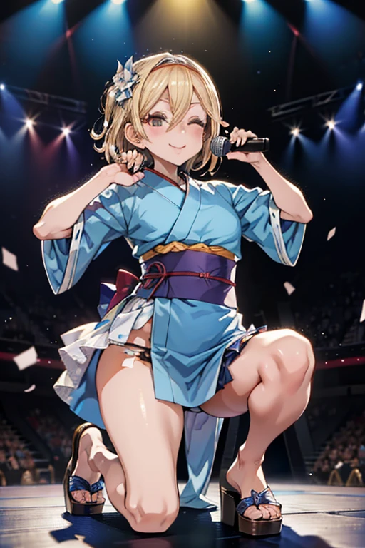 (masterpiece, top quality, best quality, official art, beautiful and aesthetic:1.2),ultra-detailed,intricate details,amazing illustration,award-winning art,atmospheric,
BREAK,BREAK,1 beautiful girl, girl, (cute:1.5),(chibi:0.5),(cute:2.0),(:2.0),(12 year old girl),(big breasts:1.65),(chin hair,blond hair,blue bow,green eyes,eyebrows showing through hair,side locks,split bangs long hair, hair flowers, hair ornament, big bows in hair, curly hair, ponytail:1.6),:el, white feathers, one slender white winged, Ang el wings, spread wings, shining wings),pit \black},sparkling skin, clear skin, glowing beautiful skin, open mouth, bashful smile, solo, fangs, upper teeth,(long eyelashes, double eyelids:1.2),solo, sparkling skin, clear skin, glowing beautiful skin,(top quality face),(top quality shining eyes),(fun, happy fluttering:1.45)
BREAK, (Japanese kimono:1.35),kimono, ultra detailed texture kimono, rainbow paint kimono, paint bulb, paint drops,(fingernails:1.2),(hair ornaments, earrings, hair ornaments),(pink panty:1.35),
BREAK
singing, shouting, microphone, (holding microphone stand:1.2), (leaning forward:0.7), serious,
BREAK
spotlight, stage lights,
BREAK,wakame,wakame,wakame,(from below,Cowboy Shot:1.4),
BREAK,(Blurry background:1.3),(absurderes, hight resolution, Super Detail Art),cel shading,Clear Color, Lonely optical effect, Beautiful pictures, Bright glow, mystic atmosphere,(Close-up of girl:1.1), Mystical light particle effect,manga influence, clean line drawings,