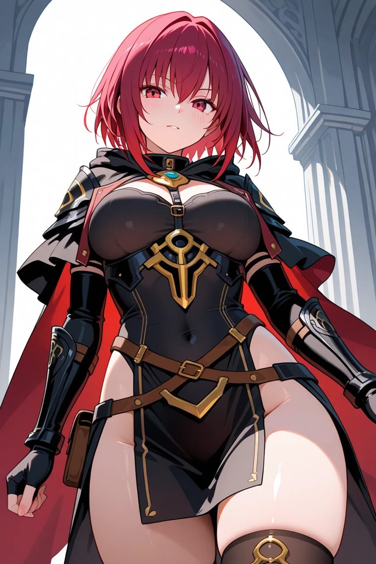 Highly detailed and realistic CG, Colorful, masutepiece, (Perfect Anatomy:1.3), Best Quality, 1girl in, Solo, Imperial Redhair, Shiny hair, Short hair, sideburns, asymmetrical bangs, Red Eyes, shiny eyes, (Crazy smile:1.2), (Evil smile:1.2), sadistic smile, grin, Skinny Legs, facing, Standing, Tube Top, Strapless, Shorts, Spiky boots, Spiky wristband, Idol Concerts, On stage, live performance, Open mouth, Big breasts, (sagging breasts:1.2), (hanging breasts:1.3), cleavage, Midriff, Navel, Black jacket, Black Military Cap, Stick out the tongue, hand on headwear, hand on hip, (leaning forward:1.3), hand on headwear, stylish pose, Spotlight, Thigh strap, Fancy earrings, Black Elbow Gloves, Cinematic Angle, Looking at Viewer, From above, open stance, Latex, Tight, slender, (Black military cloak:1.1),