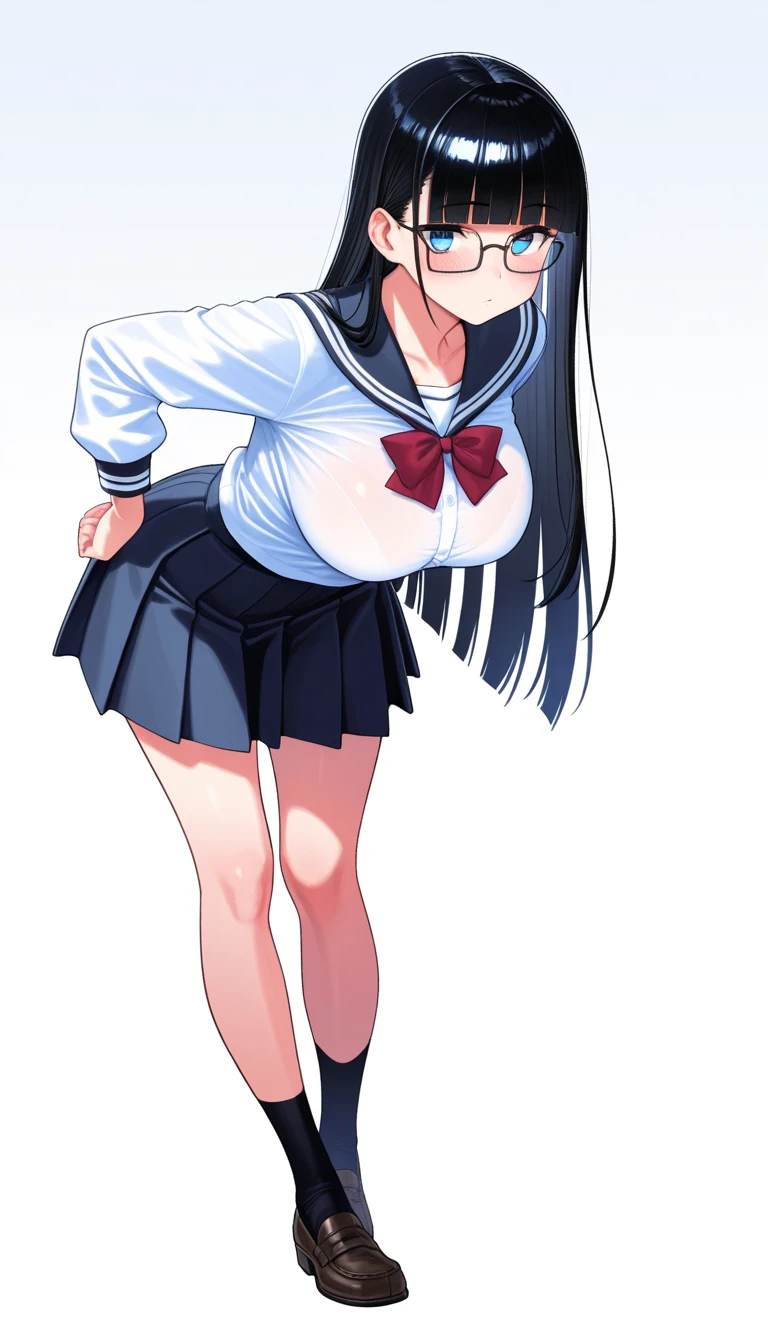 a black ink drawing in outline and colors, character: Hayase Nagatoro in a uniform consisting of an unbuttoned blouse with a wide neckline showing a bra and thong under a cowboy mini skirt, She is a girl with a large but firm and rounded bust with covered nipples, She likes sexy poses, Open legs and rounded and firm butt like her heroine Sailor Moon, Leaning forward, slightly lifting her miniskirt, you can see her buttocks.,1 girl view. (The work signed by "MemMt" In the lower right corner), white background, rear side lighting, full body shot, Sexy angle,