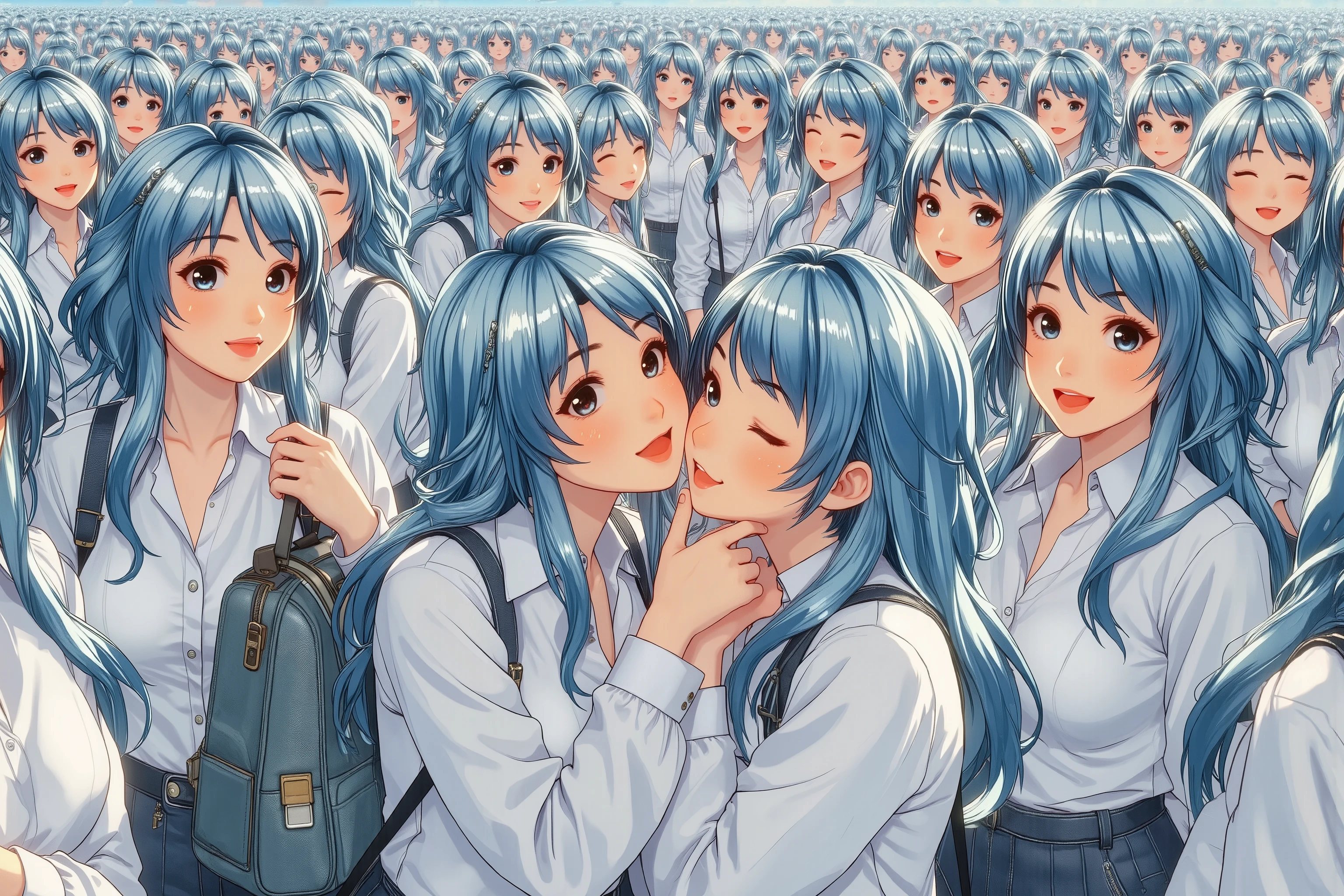 (((Myself=Japanese Beautiful Super Clones multiply girls))), (((((Myself OnlyのSuper Clones multiply girlsが大量増殖して超大群衆のMyself OnlyのSuper Clones multiply girlsと熱愛溺愛して抱擁した描写, Myself OnlyのSuper Clones multiply girlsはMyself OnlyのSuper Clones multiply girlsと淫乱中))))), (((high quality Animation Art))), (Super Best masterpiece, 16K, 最高画質, 超高解像度, 超最高の作品完成度), (((灰色髪の少女, 超とてもカワイイ笑顔, 嬉しい表情))), (((((とても美しく繊細で正確な女体の動き, とても正確で違和感ゼロの手や足の緻密な動き, 超巨乳, 胸の谷間強調))))), (((春服のカジュアル衣装))), (とても詳細で正確な１点透視図法描写, 超広角視界, Super wide view, 多彩なカメラアングル描写, ど真ん中被写体要らない),