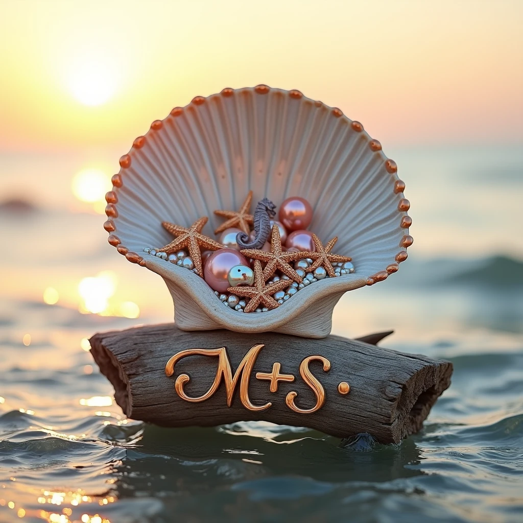 best quality, high resolution, ultra-detailed, extremely detailed, top quality, Couple Photo, photo frame decorated with seashells,
