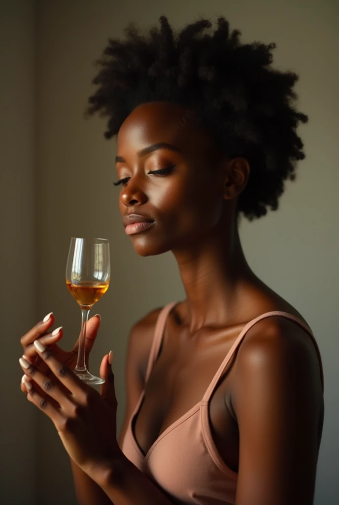 👀🤳 Okay… Here's what I'm seeing… A photograph in a professional studio, where a beautiful young ebony-skinned woman is capturing a picture of a perfume bottle. The woman, with a concentrated and passionate expression, holds his camera firmly, carefully focusing on the elegant perfume bottle in front of her.
The studio is well lit, with soft, diffused lights that accentuate both the natural beauty of the woman and the detailed design of the perfume bottle. The environment is minimalist, with a neutral background that does not distract, keeping the attention on the woman and the perfume. The perfume bottle has a sophisticated design, with a cut crystal that sparkles under the studio lights. The reflections and shadows in the scene are well balanced, highlighting both the precision of the photographer's work and the elegance of the product.
### 📷 Shall I take a snap?