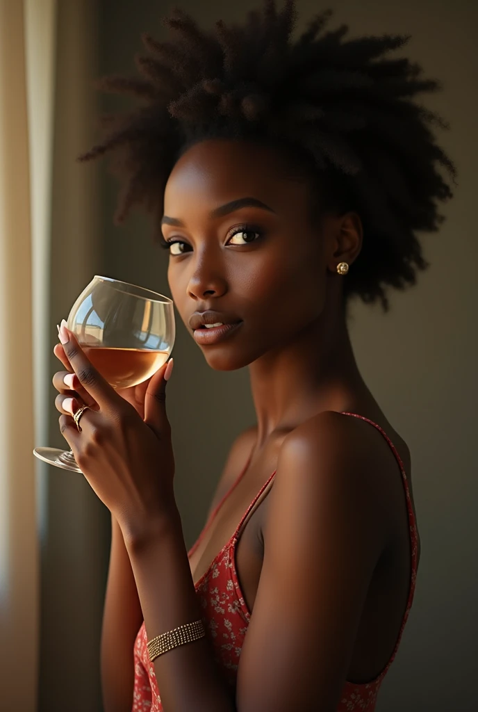 👀🤳 Okay… Here&#39;s what I&#39;m seeing… A photograph in a professional studio, where a beautiful young ebony-skinned woman is capturing a picture of a perfume bottle. The woman, with a concentrated and passionate expression, holds his camera firmly, carefully focusing on the elegant perfume bottle in front of her.

The studio is well lit, with soft, diffused lights that accentuate both the natural beauty of the woman and the detailed design of the perfume bottle. The environment is minimalist, with a neutral background that does not distract, keeping the attention on the woman and the perfume. The perfume bottle has a sophisticated design, with a cut crystal that sparkles under the studio lights. The reflections and shadows in the scene are well balanced, highlighting both the precision of the photographer&#39;s work and the elegance of the product.

### 📷 Shall I take a snap?