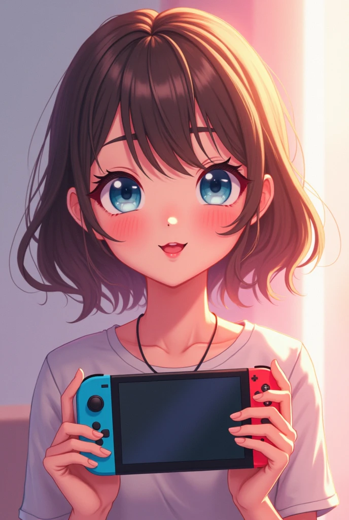 photograph, Anime girl on the Nintendo Switch screen, Bedroom, throw, Woman's hand