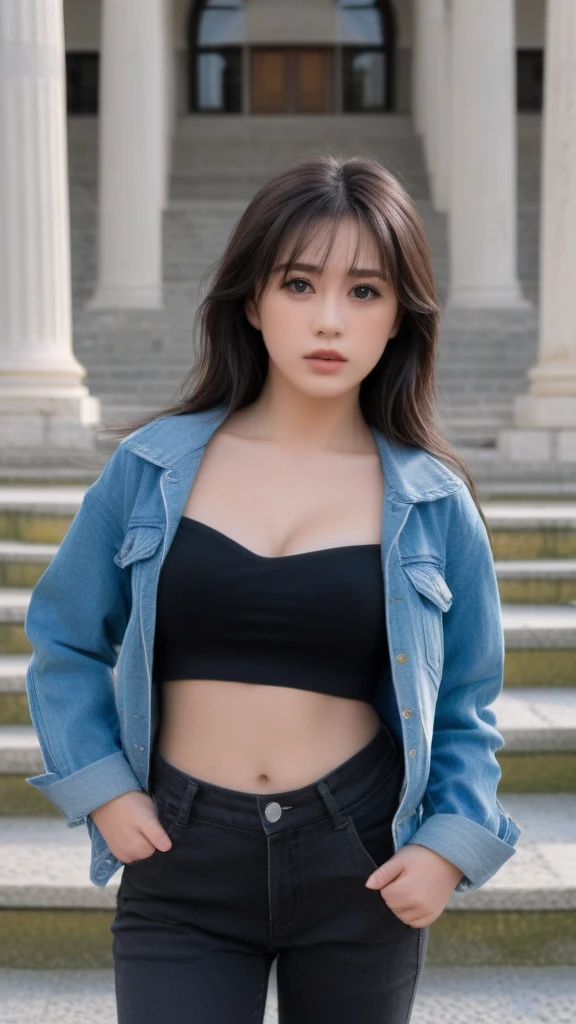 ((midnight, best quality, 8k, masterpiece :1.3)), (close up), sharp focus, beautiful woman,Perfect body, ((black hair, medium sized breasts)), (denim jacket, Denim skirt, black bra), ((city night view, roof)), Highly detailed facial and skin textures, exquisite eyes, double eyelids,