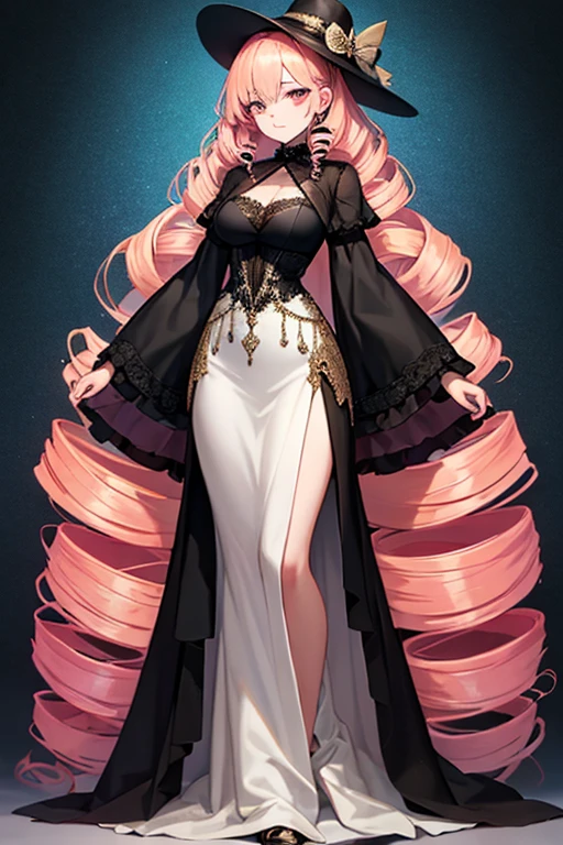 female, silver messy long hair, red eyes, tanned skin, (((1girl))), (((black sleeveless regal dress with pink trim))), (black opera gloves), (pink stockings), (black knee high heeled boots), (gold ornate crown), cute and sexy, full body, big breasts, long legs, smiling, cleavage
