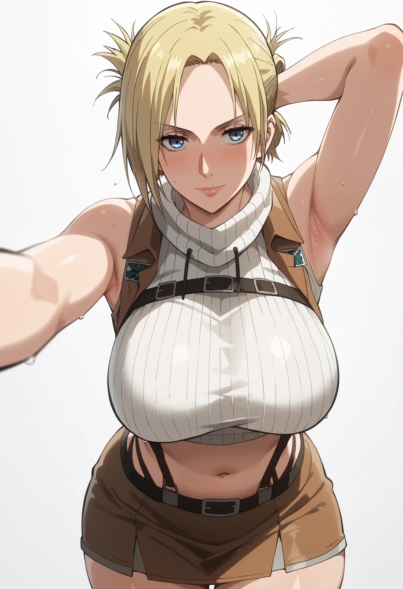 score_9, score_8_up, score_7_up, score_6_up,4k, source_anime, solo, 1girl, annie leonhardt, short hair, blue eyes, blonde hair, folded ponytail, looking at viewer,, navel,,,, , blush, smile, COWBOY SHOT, big breasts, armpit,, thick thighs, wide hips,, shiny skin, with a confident and annoyed expression, leaning forward with one hand on a counter and the other on her waist, wearing a tight black ribbed turtleneck crop top and a short white high-waisted skirt, large breasts visibly pressing against the fabric, stretched clothing, slightly shiny and sweaty skin, dramatic side lighting creating soft shadows, highly detailed anime rendering, ultra-realistic texture, 4K, empty background, white background, STANDING, HUGE BREASTS